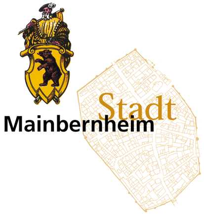 Aktuelles Logo der Stadt Mainbernheim mit Stadtgrundriss im Hintergrund.